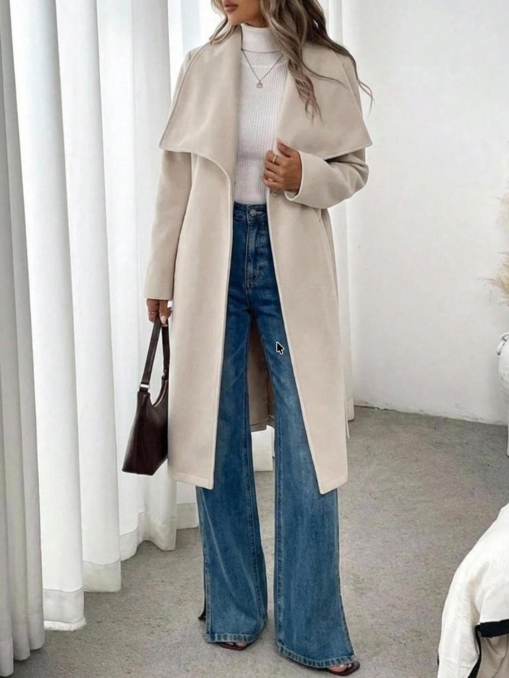 Classic Solid Cream Wide Collar belted Jacket Coat
